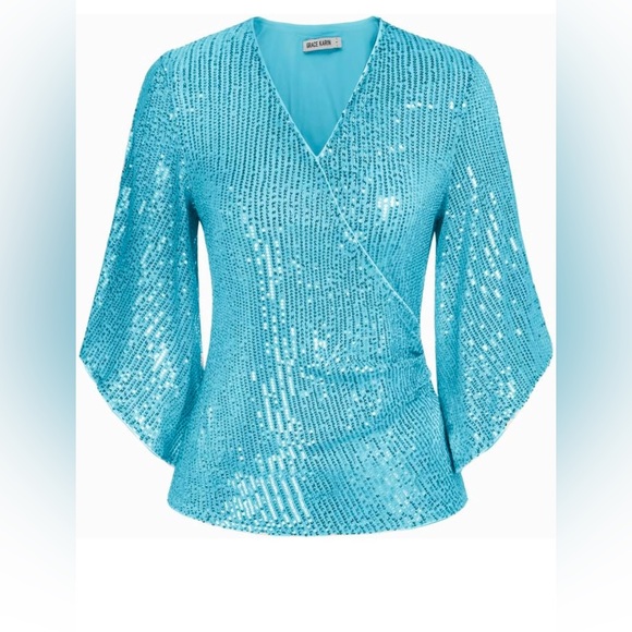 GRACE KARIN Sequin Top 3/4 Sleeve Glitter Sparkly Party Blouse V-Neck Dressy Top - Picture 5 of 6